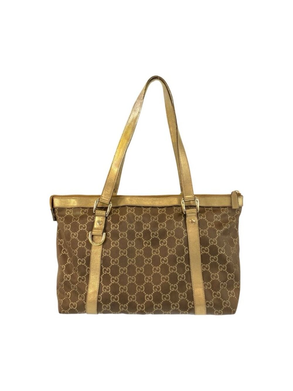 Gucci Abbey Gold Brown GG Canvas Leather Tote Shoulder - Picture 2 of 9